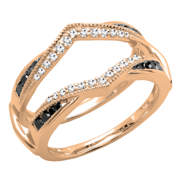 0.60 Carat (ctw) 10K Rose Gold Round White & Black Diamond Ladies Wedding Band Guard Double Ring
