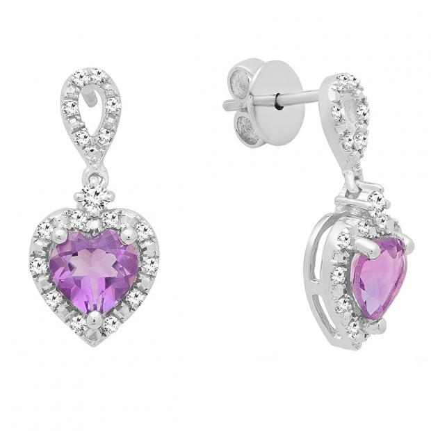 6 mm Each Heart Amethyst & Round White Diamond Ladies Drop Dangle Earrings Sterling Silver