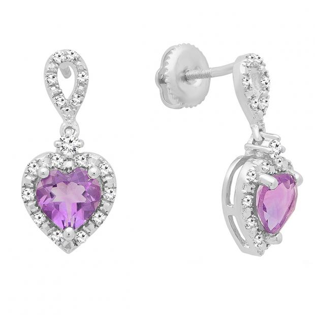 Sterling Silver 6X6 MM Each Heart Cut Amethyst & Round Diamond Ladies Drop Earrings