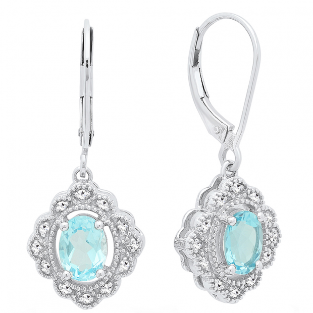 Sterling Silver 7X5 MM Oval Cut Blue Topaz And Round Diamond Ladies Vintage Cluster Drop Earrings