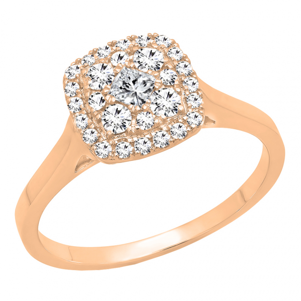 0.55 Carat (ctw) 10K Rose Gold Princess & Round Cut Diamond Ladies Vintage Engagement Ring 1/2 CT