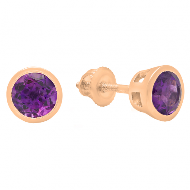 14K Rose Gold 5 MM Round Cut Amethyst Ladies Solitaire Stud Earrings