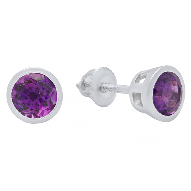 18K White Gold 5 MM Round Cut Amethyst Ladies Solitaire Stud Earrings