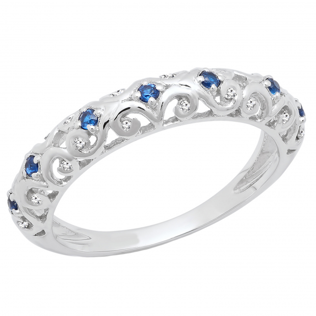 0.20 Carat (ctw) 10K White Gold Round Blue Cubic Zirconia & White Diamond Wedding Band 1/5 CT