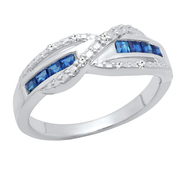 Sterling Silver Princess Blue Sapphire & Round White Diamond Swirl Style Ladies Engagement Ring