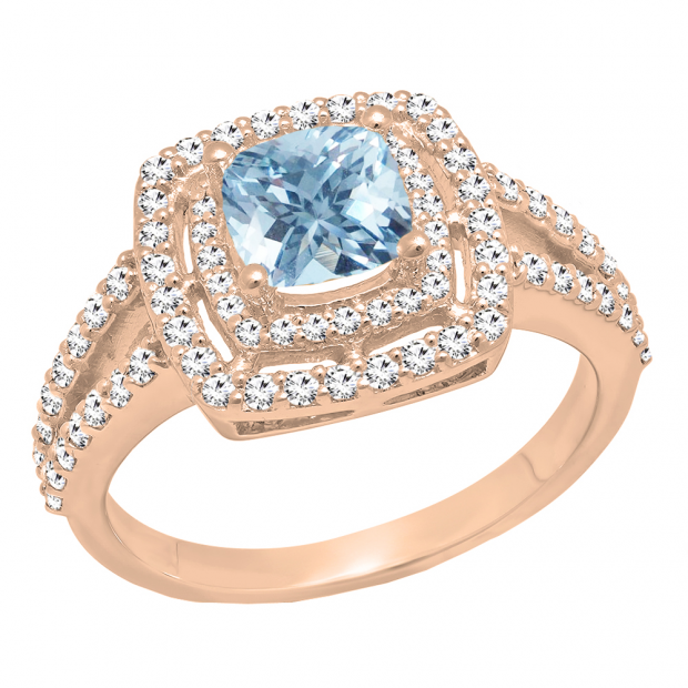 10K Rose Gold 6 MM Cushion Aquamarine & Round White Diamond Ladies Halo Engagement Ring