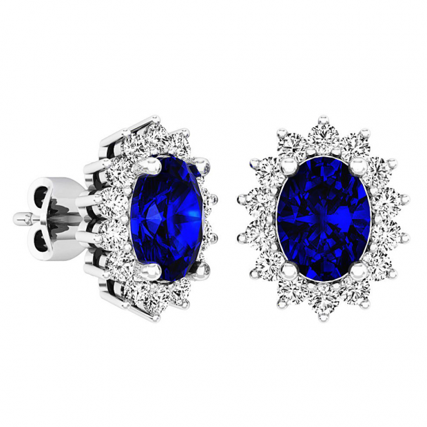 Sterling Silver 8X6 MM Oval Cut Lab Created Blue & Round White Sapphire Ladies Fashion Stud Earrings