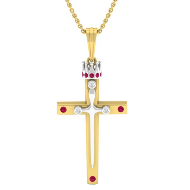 14K White & Yellow Gold Round Ruby & Diamond Ladies Cross Crown Pendant (Chain Included)