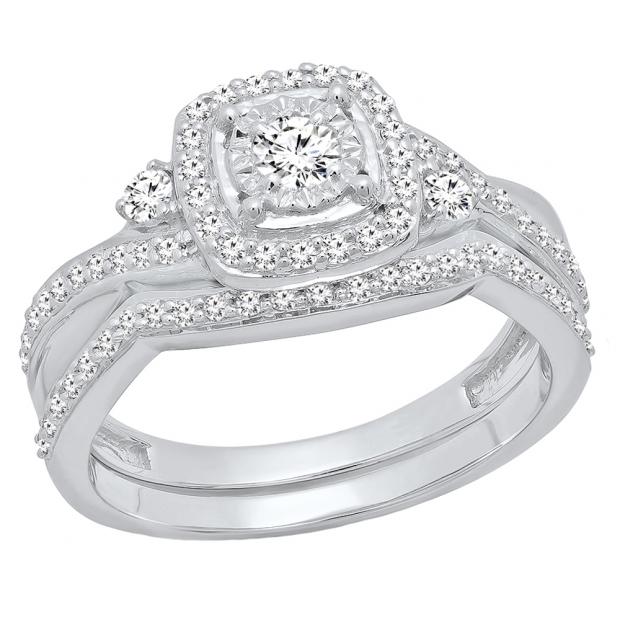 0.55 Carat (Ctw) 10K White Gold Round White Diamond Ladies Swirl Bridal Engagement Ring Set 1/2 CT