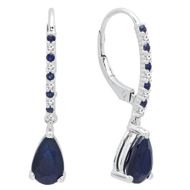 18K White Gold 8X5 MM Pear & Round Cut Blue Sapphire & Round Diamond Ladies Dangling Drop Earrings