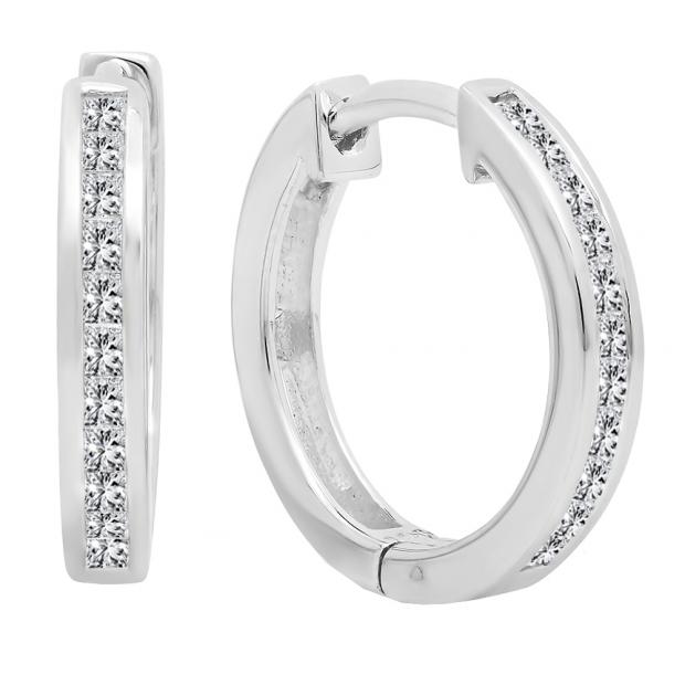 0.33 Carat (ctw) 10K White Gold Princess Cut White Diamond Huggie Hoop Earrings 1/3 CT