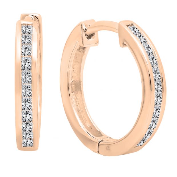 0.33 Carat (ctw) 18K Rose Gold Princess Cut White Diamond Huggie Hoop Earrings 1/3 CT