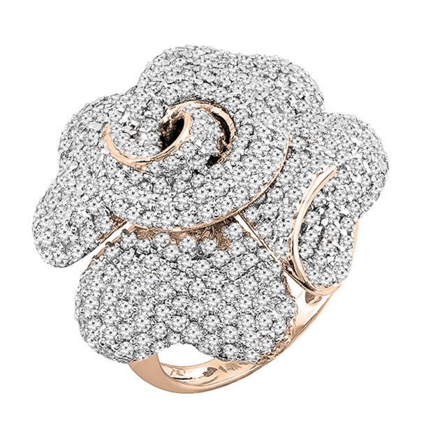 3.65 Carat (ctw) 18K Rose Gold Round Diamond Ladies Cocktail Blossom Flower Rose Right Hand Ring