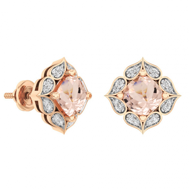 14K Rose Gold Cushion Cut 6 MM Morganite & Round Cut White Diamond Ladies Stud Earrings