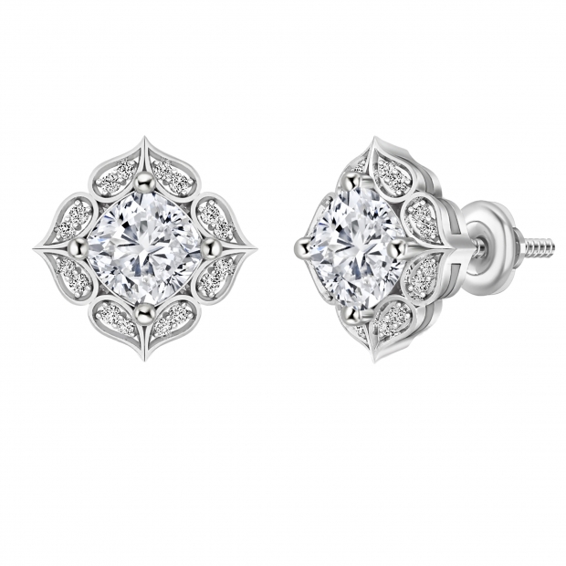 925 Sterling Silver Flower Stud Earrings, 2.65 CT Cushion and Round Cubic Zirconia in Screw Back
