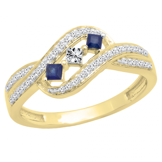10K Yellow Gold Princess Cut Blue Sapphire & Princess & Round Diamond Ladies 3 Stone Promise Ring
