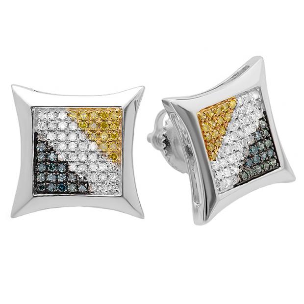 0.32 Carat (ctw) Sterling Silver Blue White & Yellow Round Diamond Kite Shape Stud Earrings 1/3 CT