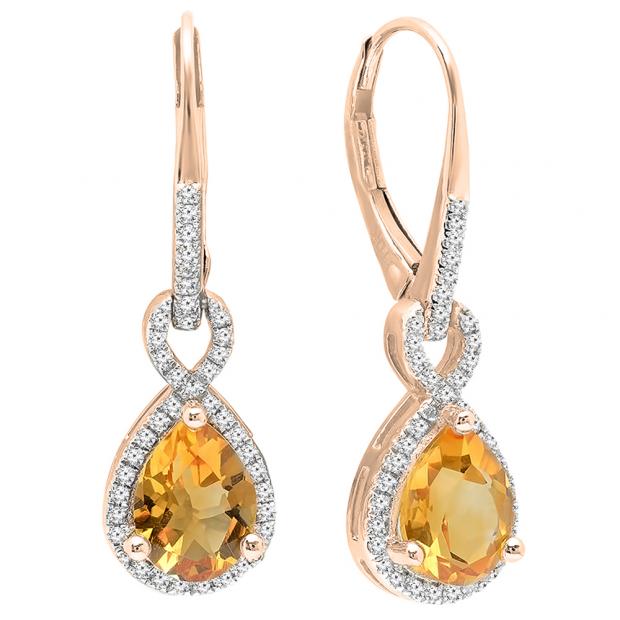 10K Rose Gold 8X6 MM Each Pear Cut Citrine & Round White Diamond Ladies Infinity Dangling Earrings