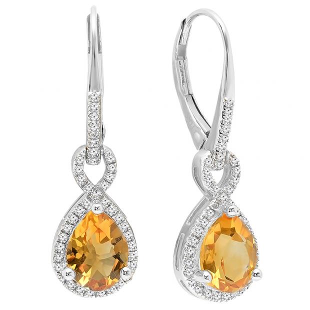 10K White Gold 8X6 MM Each Pear Cut Citrine & Round White Diamond Ladies Infinity Dangling Earrings