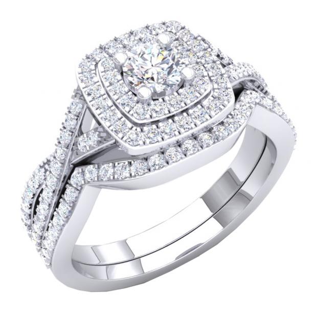 1.40 Carat (Ctw) 10K White Gold Round Cut Cubic Zirconia Ladies Halo Style Engagement Ring Set