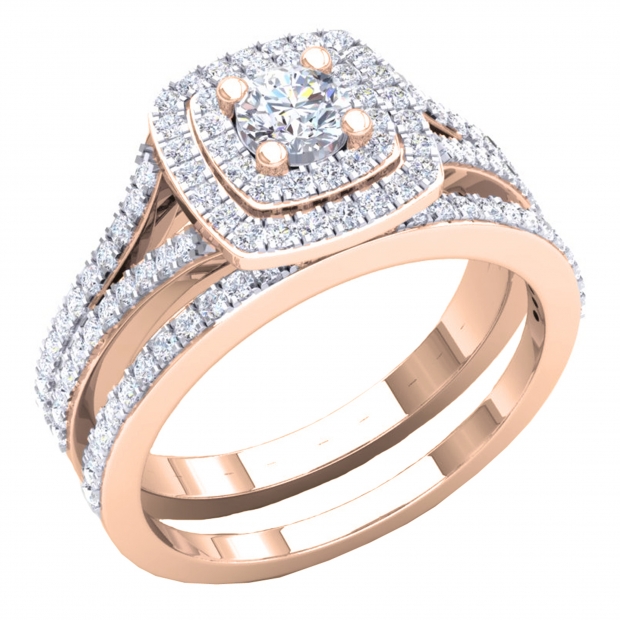 1.50 Carat (ctw) 10K Rose Gold Round Cubic Zirconia Ladies Halo Style Engagement Ring Set 1 1/2 CT
