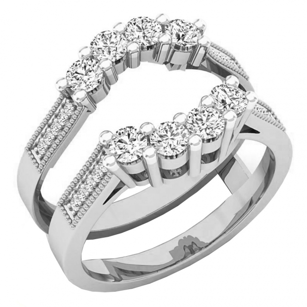 0.85 Carat (Ctw) 14K White Gold Round Cut White Diamond Ladies Wedding 5 Stone Enhancer Double Ring