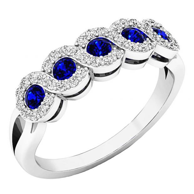 18K White Gold Round White Diamond & Blue Sapphire Ladies Bridal Anniversary Wedding Stackable Band