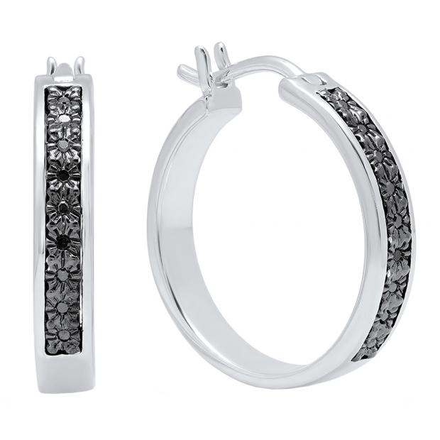 0.08 Carat (ctw) Sterling Silver Round Cut Black Diamond Ladies Hoop & Huggie Earrings