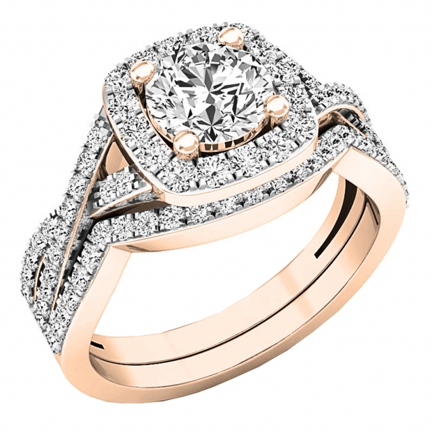 2.55 Carat (Ctw) 18K Rose Gold Round Cut Cubic Zirconia Ladies Halo Engagement Ring Set 2 1/2 CT