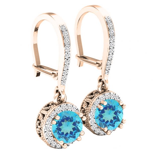 18K Rose Gold 5.5 MM Round Blue Topaz & Diamond Ladies Halo Style Milgrain Dangling Drop Earrings