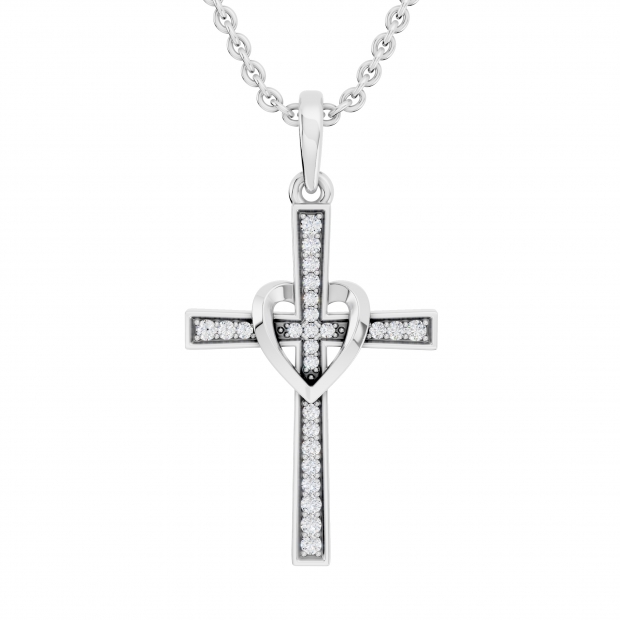 Round White Diamond Heart Shaped Religious Cross Pendant with 18 Inch Silver Chain for Women (0.20 ctw Color I-J Clarity I2-I3) in 10K White Gold