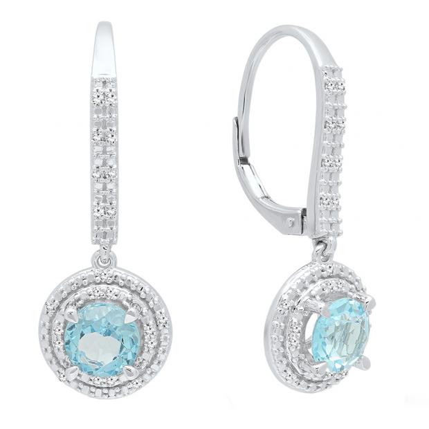 10K White Gold 6 MM Round Blue Topaz & White Diamond Ladies Drop Earrings