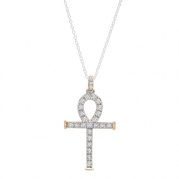 0.25 Carat (Ctw) 10K Yellow Gold Round Diamond Ankh Cross Pendant 1/4 CT (Silver Chain Included)