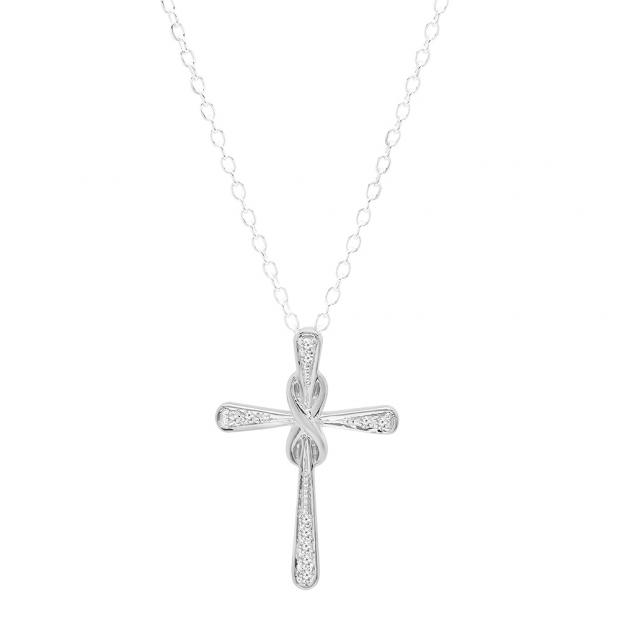 0.07 Carat (Ctw) Sterling Silver Round White Diamond Ladies Cross Pendant (Silver Chain Included)