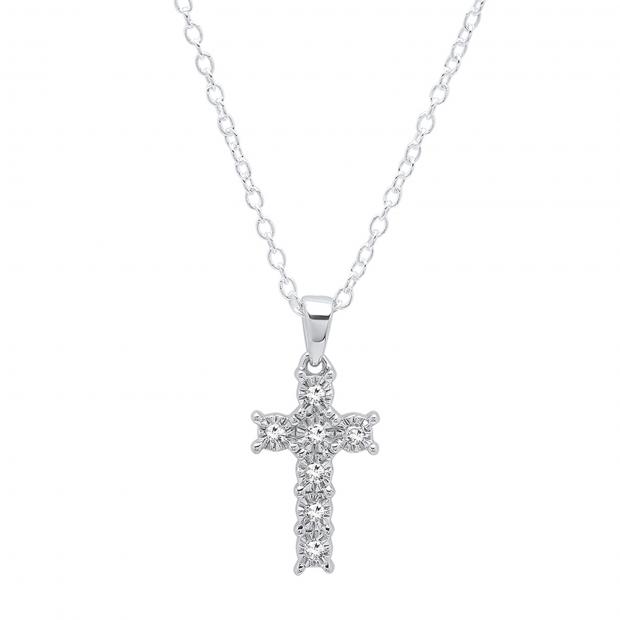 0.10 Carat (Ctw) Sterling Silver Round White Diamond Cross Pendant 1/10 CT