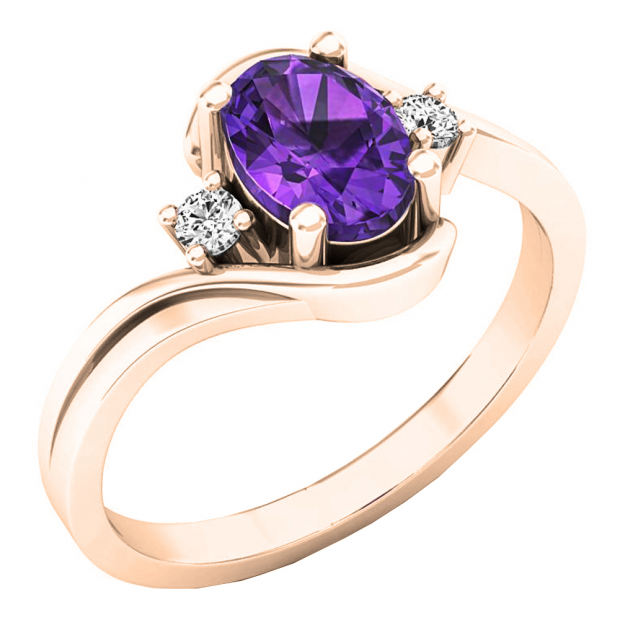 10K Rose Gold 7X5 Oval Cut Amethyst & Round Cut White Diamond Ladies Engagement 3 Stone Ring