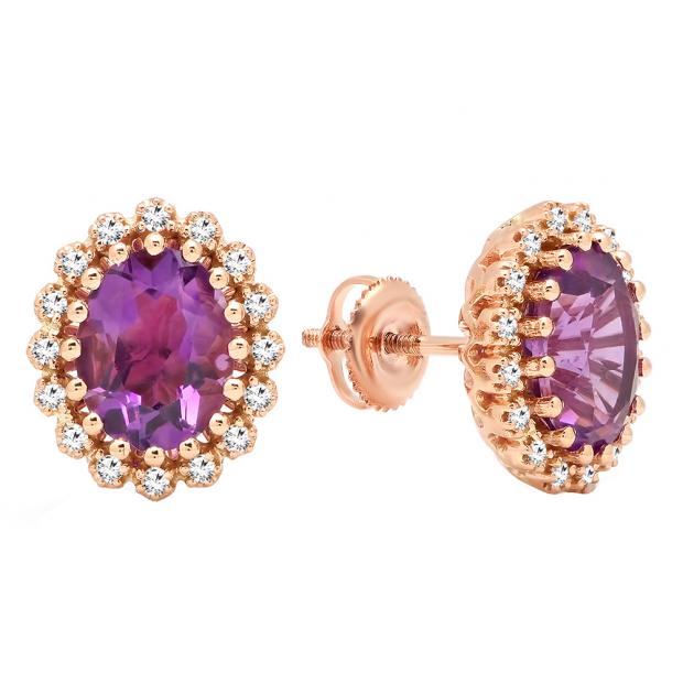 10K Rose Gold 9X7 MM Each Oval Cut Amethyst & Round White Diamond Ladies Halo Stud Earrings