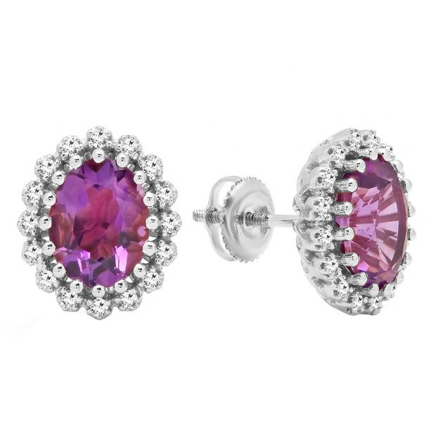10K White Gold 9X7 MM Each Oval Cut Amethyst & Round White Diamond Ladies Halo Stud Earrings