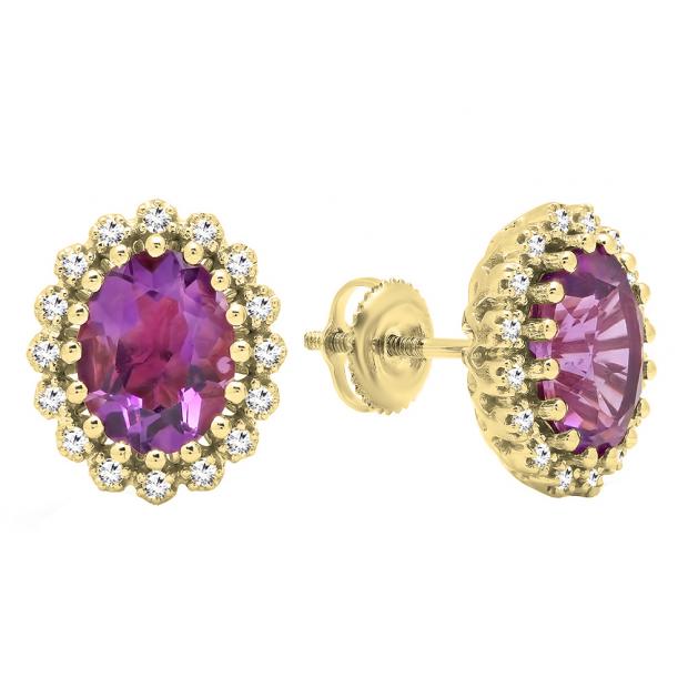 18K Yellow Gold 9X7 MM Each Oval Cut Amethyst & Round White Diamond Ladies Halo Stud Earrings
