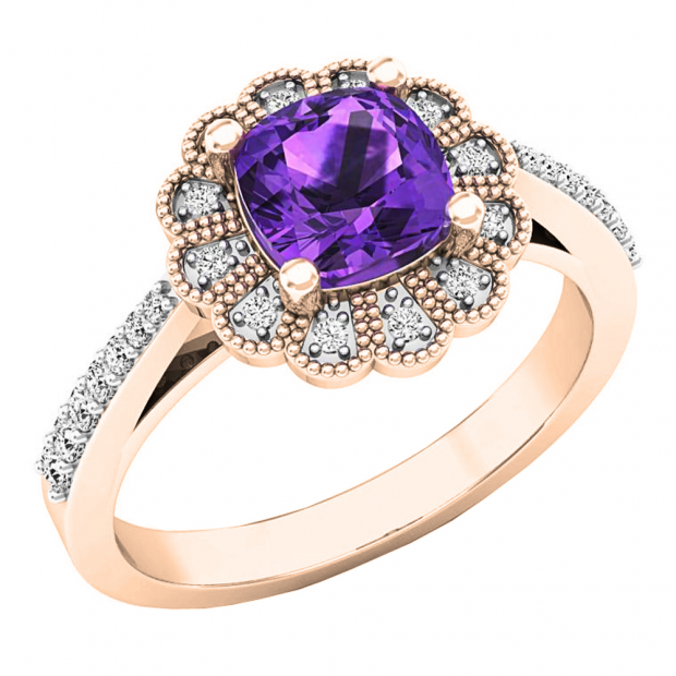 10K Rose Gold 6 MM Cushion Amethyst & Round White Diamond Bridal Milgrain Engagement Ring
