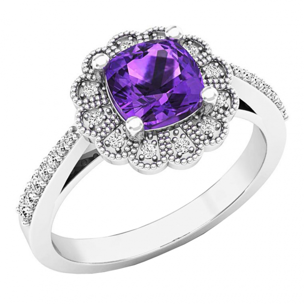 10K White Gold 6 MM Cushion Amethyst & Round White Diamond Bridal Milgrain Engagement Ring