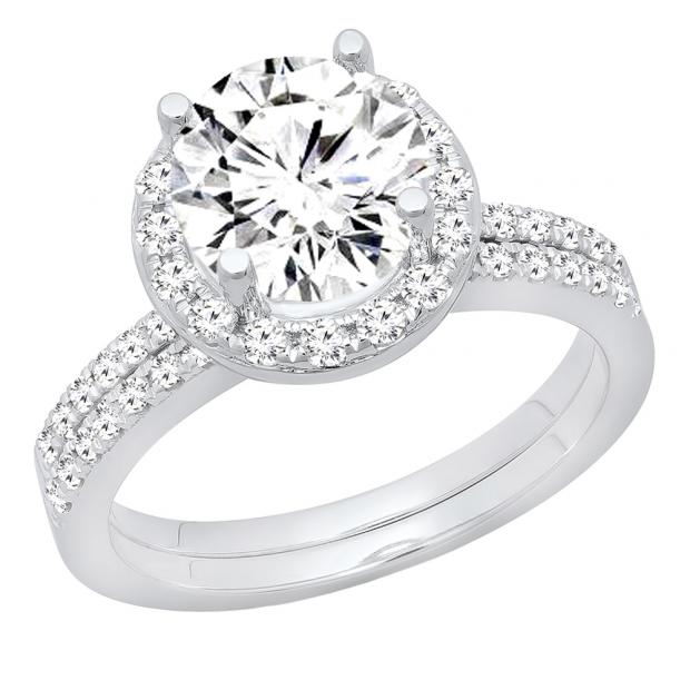 1.00 Carat (ctw) 14K White Gold Round Cut White Diamond Ladies Bridal Halo Engagement Ring Set 1 CT