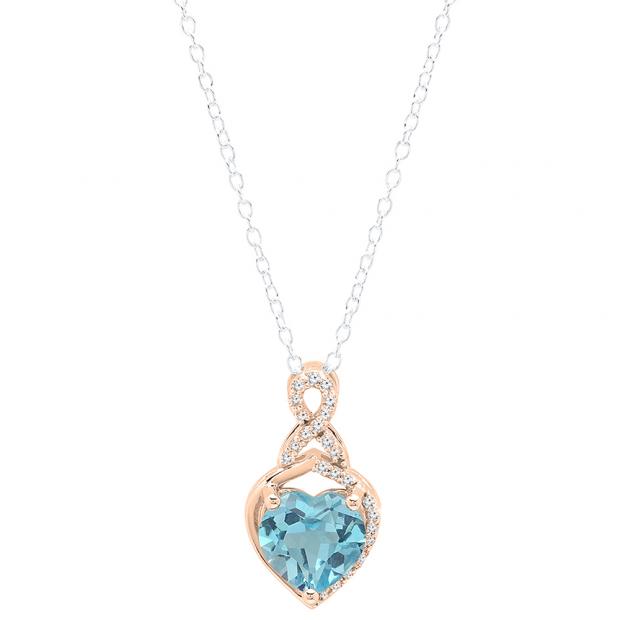 10K Rose Gold 8 MM Heart Shaped Blue Topaz & Round White Diamond Ladies Heart Pendant