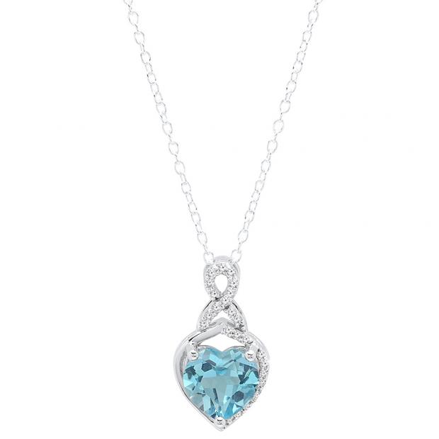 18K White Gold 8 MM Heart Shaped Blue Topaz & Round White Diamond Ladies Heart Pendant