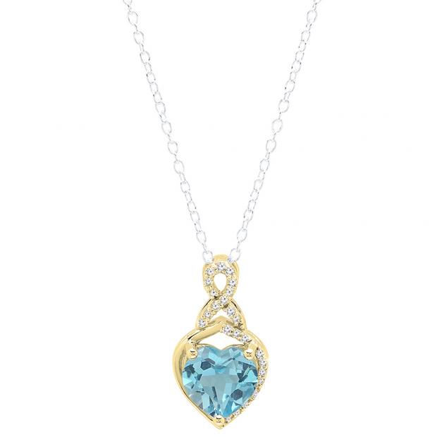 18K Yellow Gold 8 MM Heart Shaped Blue Topaz & Round White Diamond Ladies Heart Pendant