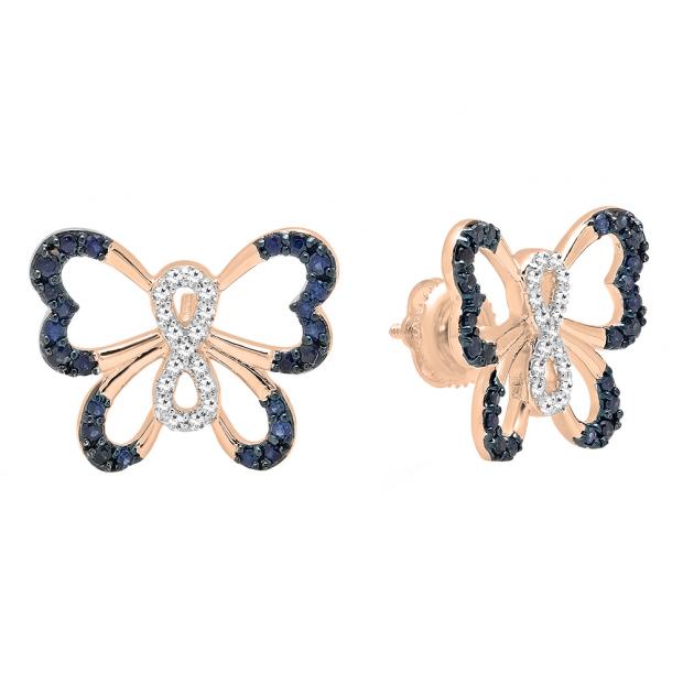 14K Rose Gold Round Blue Sapphire & White Diamond Ladies Butterfly Stud Earrings