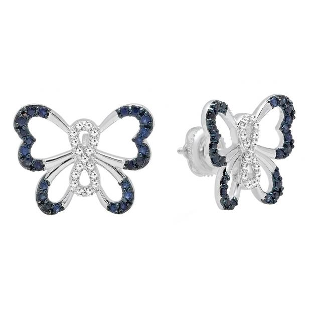 18K White Gold Round Blue Sapphire & White Diamond Ladies Butterfly Stud Earrings