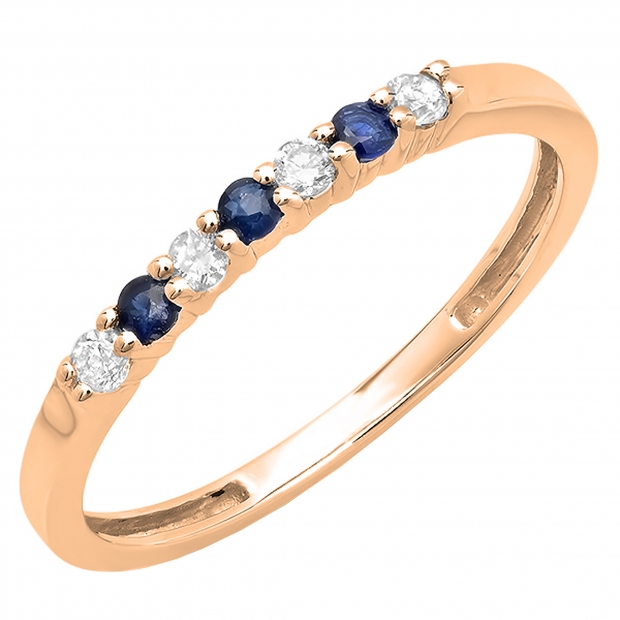10K Rose Gold Round Blue Sapphire And White Diamond 7 Stone Bridal Anniversary Wedding Band