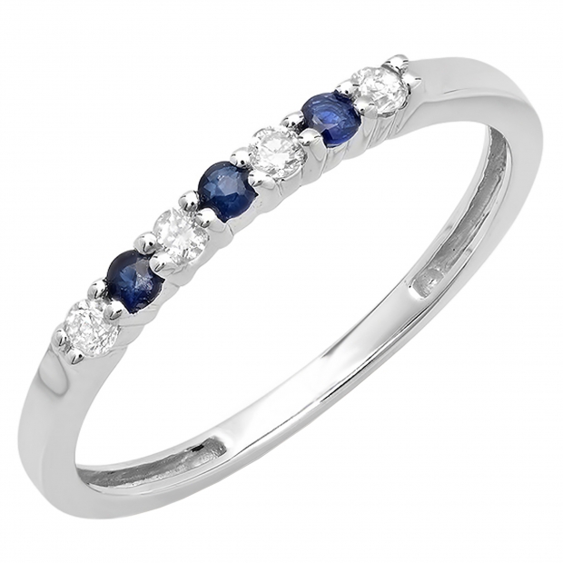 10K White Gold Round Blue Sapphire And White Diamond 7 Stone Bridal Anniversary Wedding Band