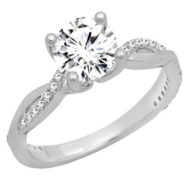 0.70 Carat (ctw) 14K White Gold Round Diamond Solitaire With Accents Bridal Engagement Ring 3/4 CT